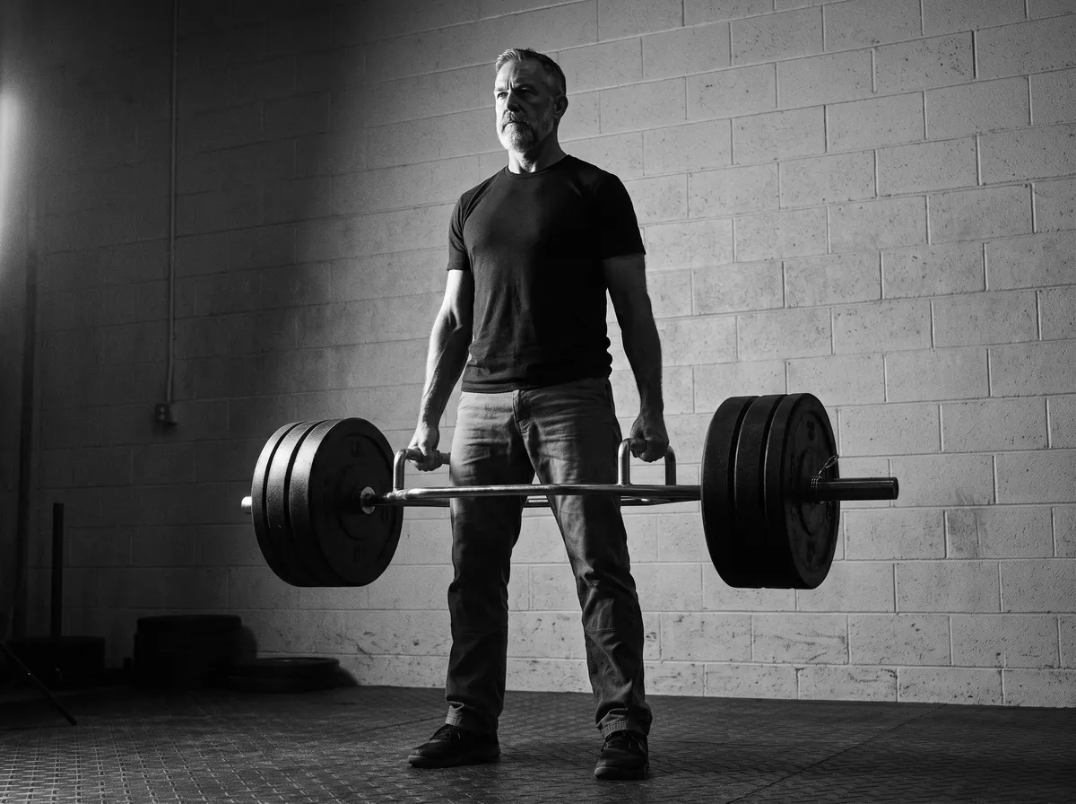 A man around fifty standing tall at the top of a trap bar deadlift