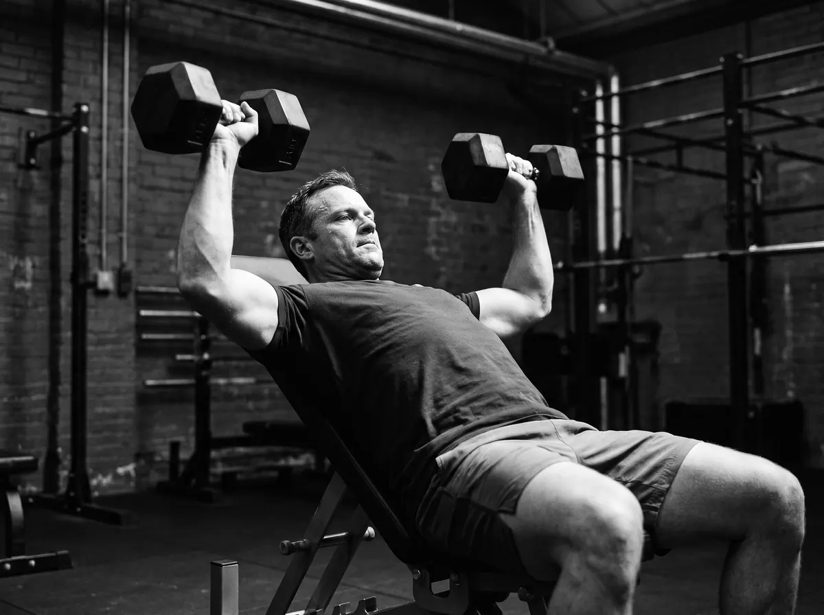 A man in his forties pressing two dumbbells on an incline bench
